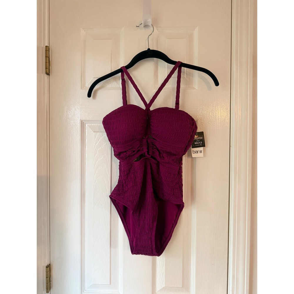 Bar III Pucker Up One Piece Swimsuit Plumberry XS Ruched Crisscross Back Tie